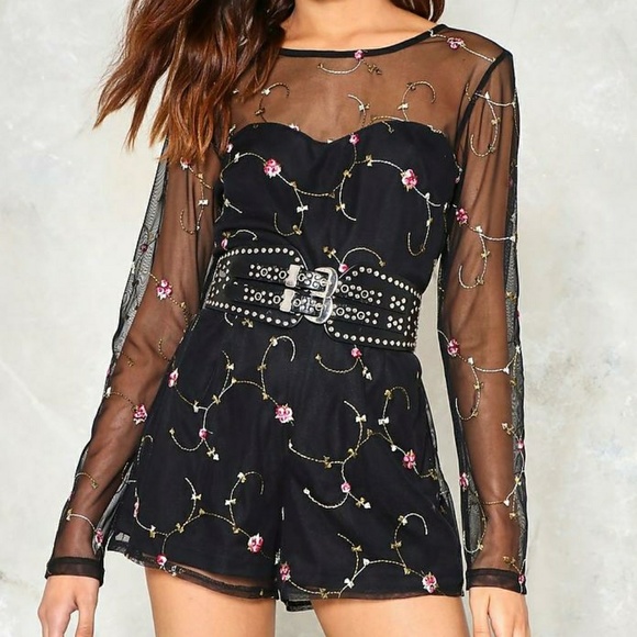 Nasty Gal Embroidered Flower Mesh Romper Playsuit - Picture 4 of 4